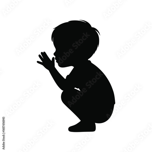 Silhouette of a Young Child Squatting and Holding Hand to Mouth