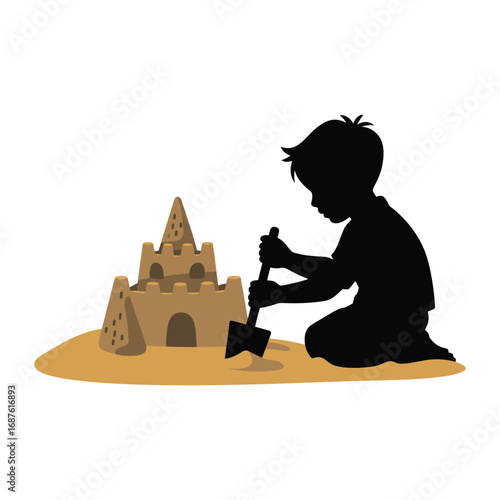 Silhouette of a Boy Building a Sandcastle with a Shovel