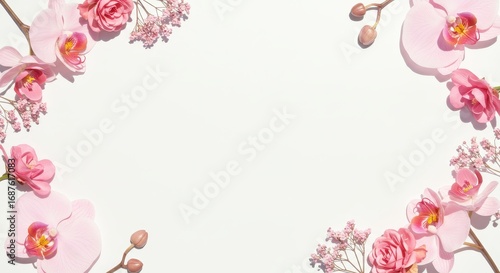 Delicate Pink Orchid and Rose Floral Frame with Soft Sunlight and Shadows.