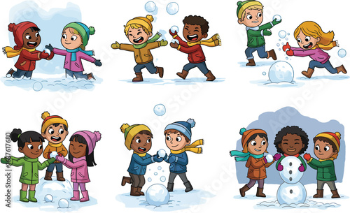 Children playing in snow cartoon set, winter fun, snowball fight, snowman building, outdoor activity, friendship, seasonal, cold weather, holiday