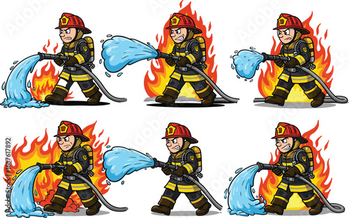 Firefighter cartoon set, spraying water, extinguishing flames, fire safety, rescue, emergency, uniform, hose, action, bravery, danger, protection, hero
