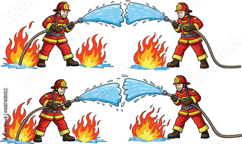 Firefighters cartoon set, spraying water, extinguishing flames, fire safety, rescue, emergency, teamwork, hose, action, bravery, danger, protection, hero