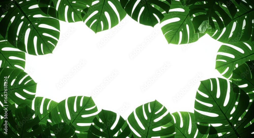 Fototapeta premium Lush Green Monstera Leaves Frame Bright White Space, Tropical Aesthetic.
