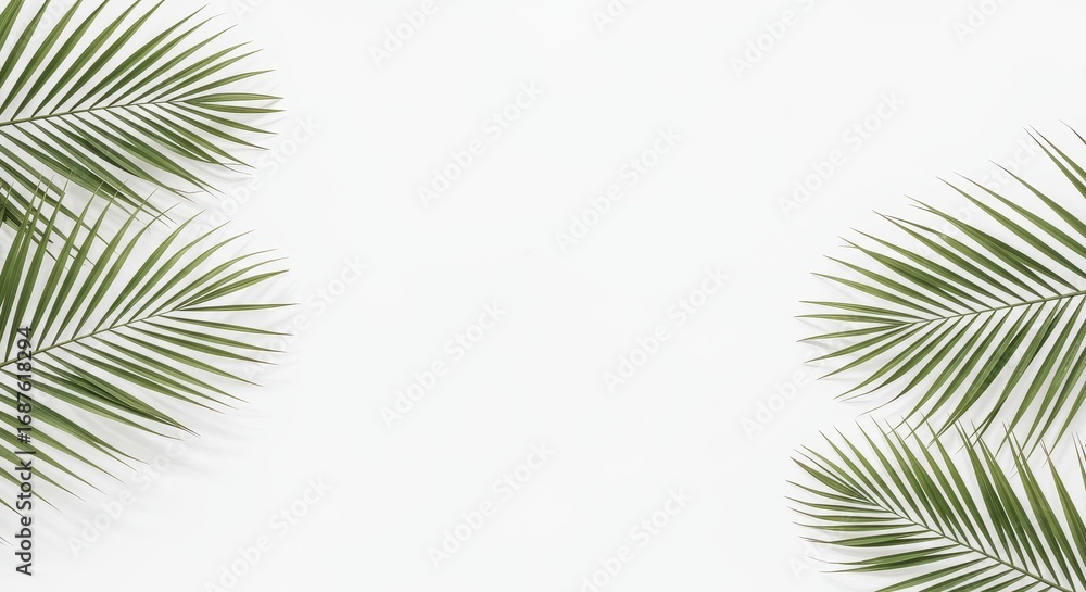 Fototapeta premium Tropical Palm Fronds Frame White Space, Minimalist Aesthetic.