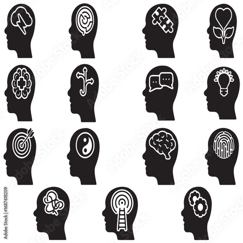 Silhouettes of human heads with various symbolic icons representing mental health concepts creativity ideas growth balance communication focus identity and cognitive processes