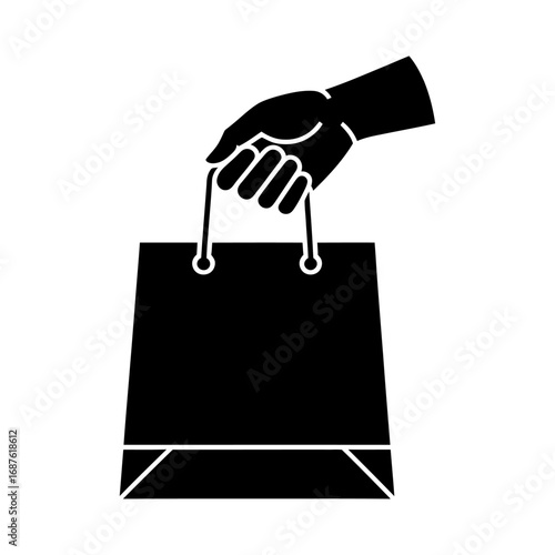 black and white silhouette of hand holding shopping bag technology e-commerce