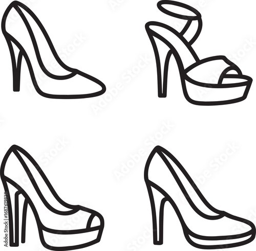 Set of High heel Outline vector illustration isolated On Transparent Background