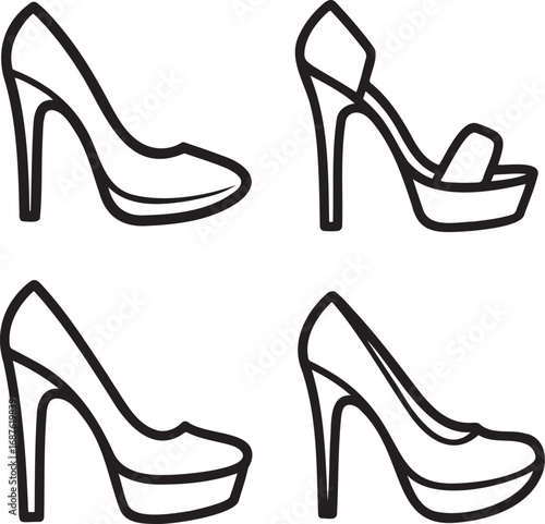 Set of High heel Outline vector illustration isolated On Transparent Background