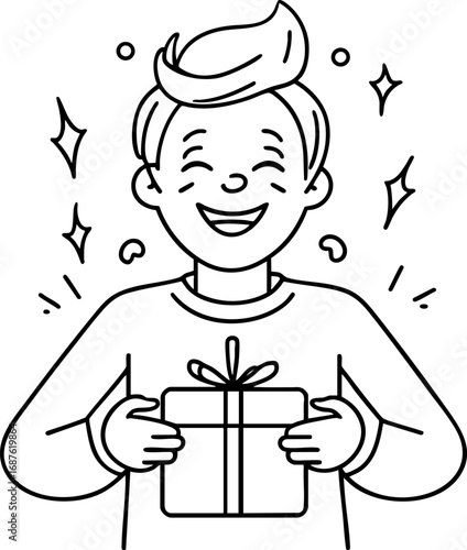 Person receiving gift with joyful surprise outline. Black thin line art of delighted character expression showing happiness and gratitude simple vector design isolated on white.