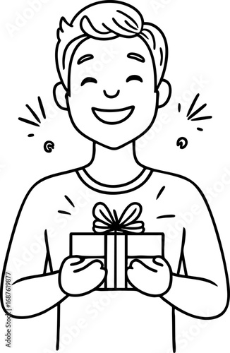 Person receiving gift with joyful surprise outline. Black thin line art of delighted character expression showing happiness and gratitude simple vector design isolated on white.