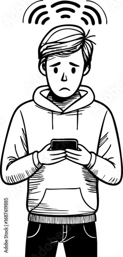Person waiting for WiFi to connect outline illustration. Black thin line art of relatable digital frustration character staring at device vector isolated on white.