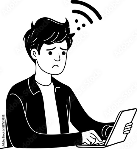 Person waiting for WiFi to connect outline illustration. Black thin line art of relatable digital frustration character staring at device vector isolated on white.