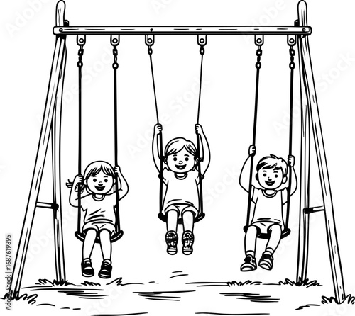 Playful children on playground equipment outline illustration. Black thin line art of kids swinging and sliding with joyful expressions minimalist vector isolated on white.