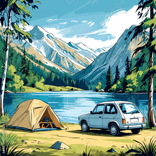 Road trip camping scene sketch by lake. Peaceful outdoor vector isolated on white.