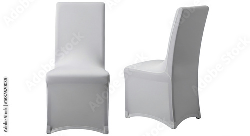 Two grey stretch fabric chair covers for event seating shown from front and side views.