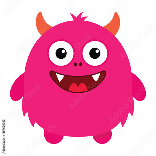 A pink monster with orange horns, big eyes, and a toothy grin standing on a the monster is a simple, cartoonish design
