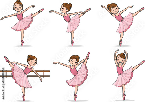 Young ballerina cartoon set, ballet poses, dance, performance, grace, flexibility, balance, tutu, leotard, barre, classical, elegance, stage, art