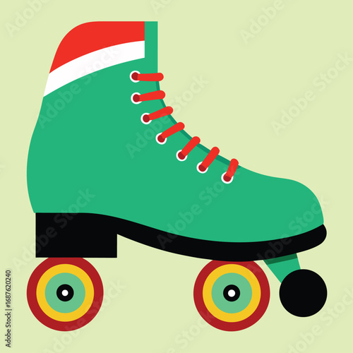 A green roller skate with red laces and colorful wheels stands out, offering a retro and fun vibe against a light green background