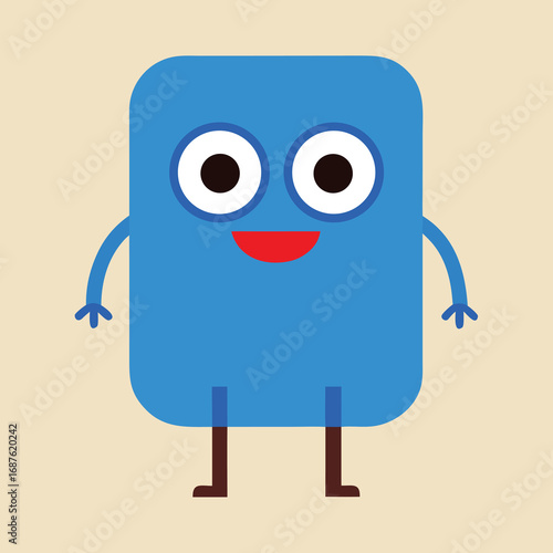 A cheerful blue rectangle character with big eyes, a red smile, and stick arms and legs, standing on a beige background, radiating positivity and joy
