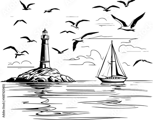 Coastal Seascape Continuous Line Vector Art. Single Uninterrupted Drawing of Lighthouse and Sailboat Scene