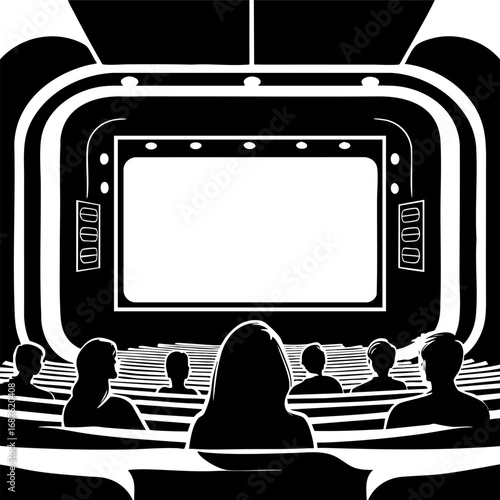 Cinema screen outline vector illustration. Immersive film experience with viewer silhouettes in simple black line art style.