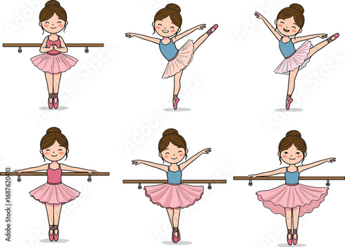Young ballerina cartoon set, ballet practice, dance, performance, grace, flexibility, balance, tutu, leotard, barre, classical, elegance, stage, art