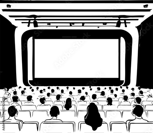 Cinema screen outline vector illustration. Immersive film experience with viewer silhouettes in simple black line art style.