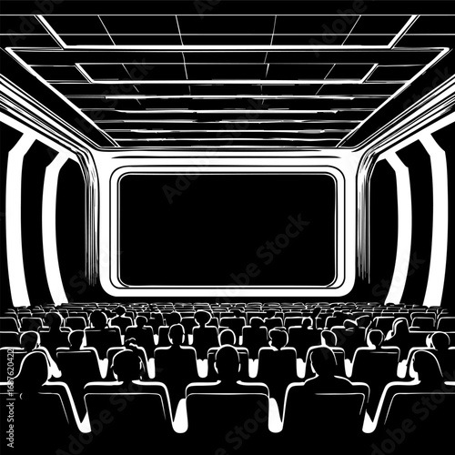 Cinema screen outline vector illustration. Immersive film experience with viewer silhouettes in simple black line art style.