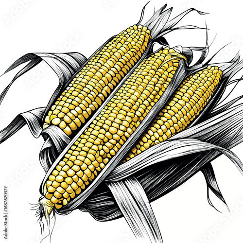Corn on the cob sketch with detailed kernels and husk. Architectural line style illustration with yellow highlights isolated on white background.