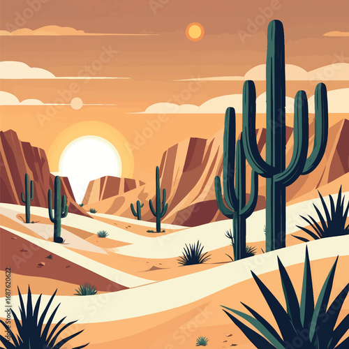 Desert travel poster with dunes and cactus. Minimal warm vector isolated on white.