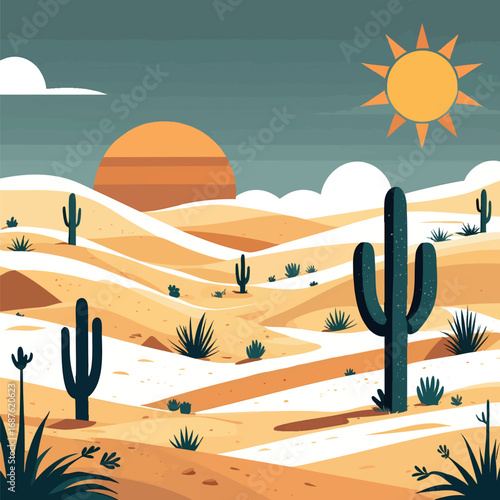 Desert travel poster with dunes and cactus. Minimal warm vector isolated on white.