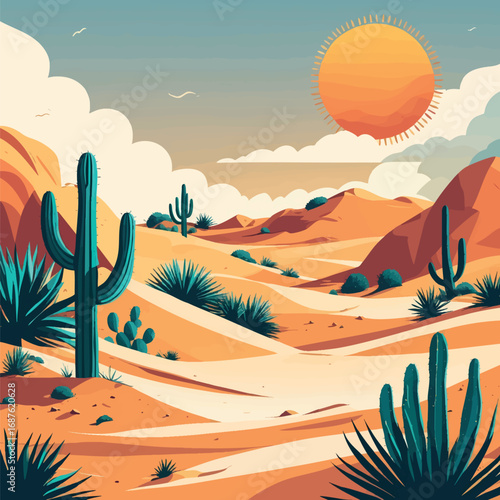 Desert travel poster with dunes and cactus. Minimal warm vector isolated on white.