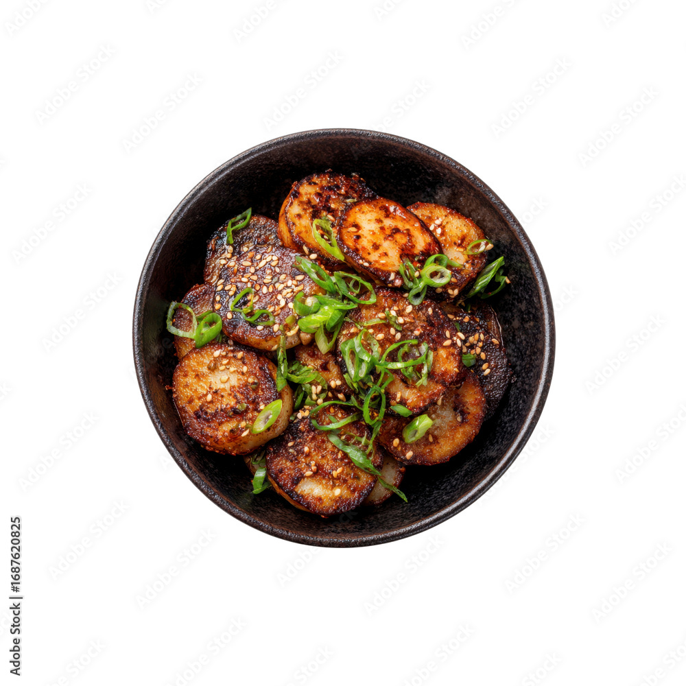 Fototapeta premium Pan-Seared Scallops with Sesame Seeds and Green Onions in a Dark Bowl
