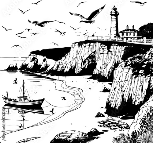 Coastal Beach Landscape with Lighthouse Outline Vector. Detailed Seaside Scene Line Drawing for Wall Art and Prints