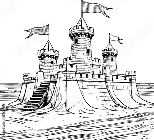 Sandcastle Outline Vector Illustration. Detailed Architectural Line Drawing of Beach Sand Structure