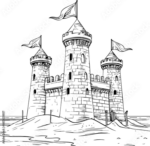 Sandcastle Outline Vector Illustration. Detailed Architectural Line Drawing of Beach Sand Structure