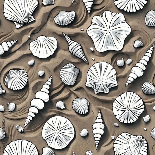 Seashells on Sand Outline Vector Pattern. Detailed Line Drawing of Beach Treasures and Marine Findings