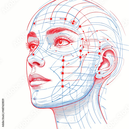 Emotional expression detection sensors outline vector illustration. Facial recognition points on human profile with emotion mapping. Technical red and blue schematic.
