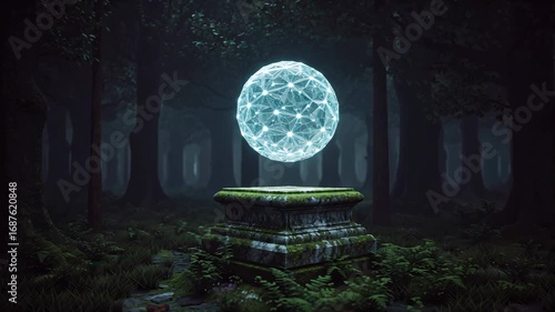 Levitation sphere glowing above stone base in quiet forest. Mystical force and silent balance