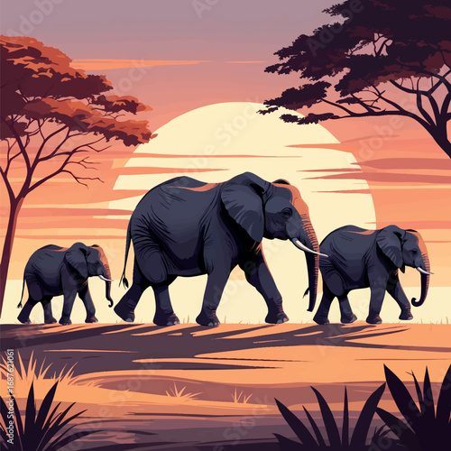 Elephant family in savannah at sunset. Warm wildlife vector scene isolated on white.