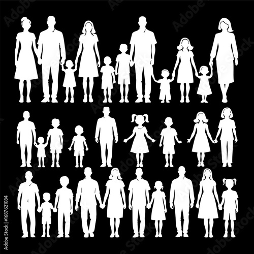 Diverse Family Silhouettes Vector Set. Inclusive Family Composition Outlines for Social and Community Projects