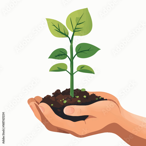 Hand Holding Sprouting Plant Outline Illustration. Sustainability and Growth Concept for Environmental Conservation Projects.