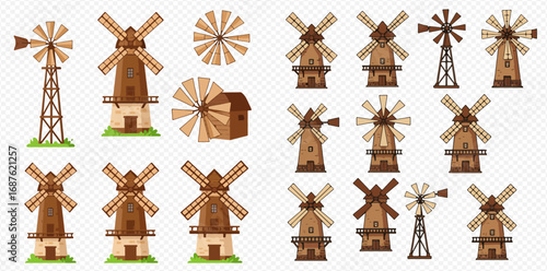 A diverse set of illustrated windmills, featuring various traditional and modern designs, including tall structures, classic mills, and individual blades.