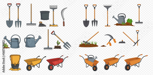 A comprehensive collection of various gardening tools and equipment, including shovels, rakes, watering cans, and wheelbarrows, used for planting and cultivating.