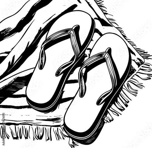 Sketch vector of flip-flops on towel casual summer beach footwear illustration