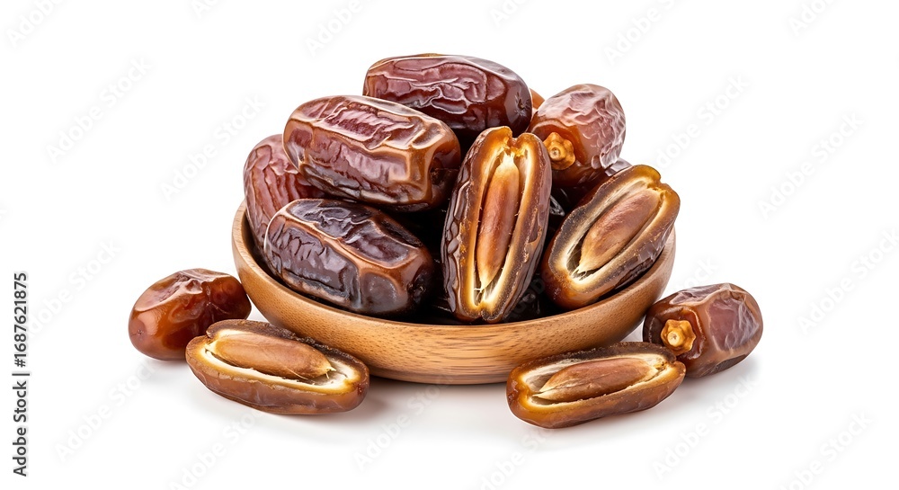 Obraz premium A pile of ripe dates in a wooden bowl, isolated on white background