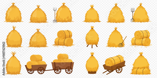 A cartoon collection of various golden haystacks, round bales, and farming tools like pitchforks and shovels, set against a transparent background.