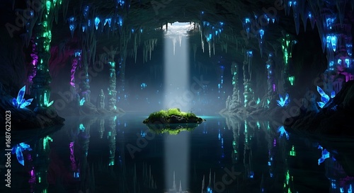 Mystical cave with glowing crystals and a serene island in a tranquil underground lake