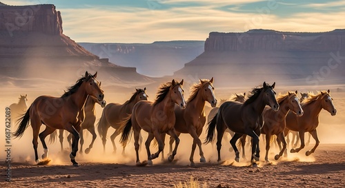 Wild Horses Running with Desert Sunset.