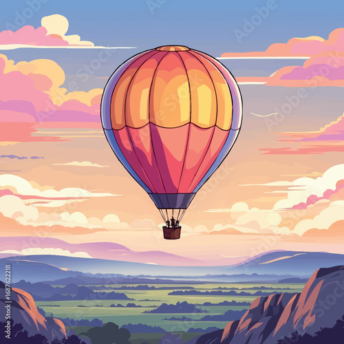 Hot air balloon in sunset sky. Peaceful freedom concept vector isolated on white.